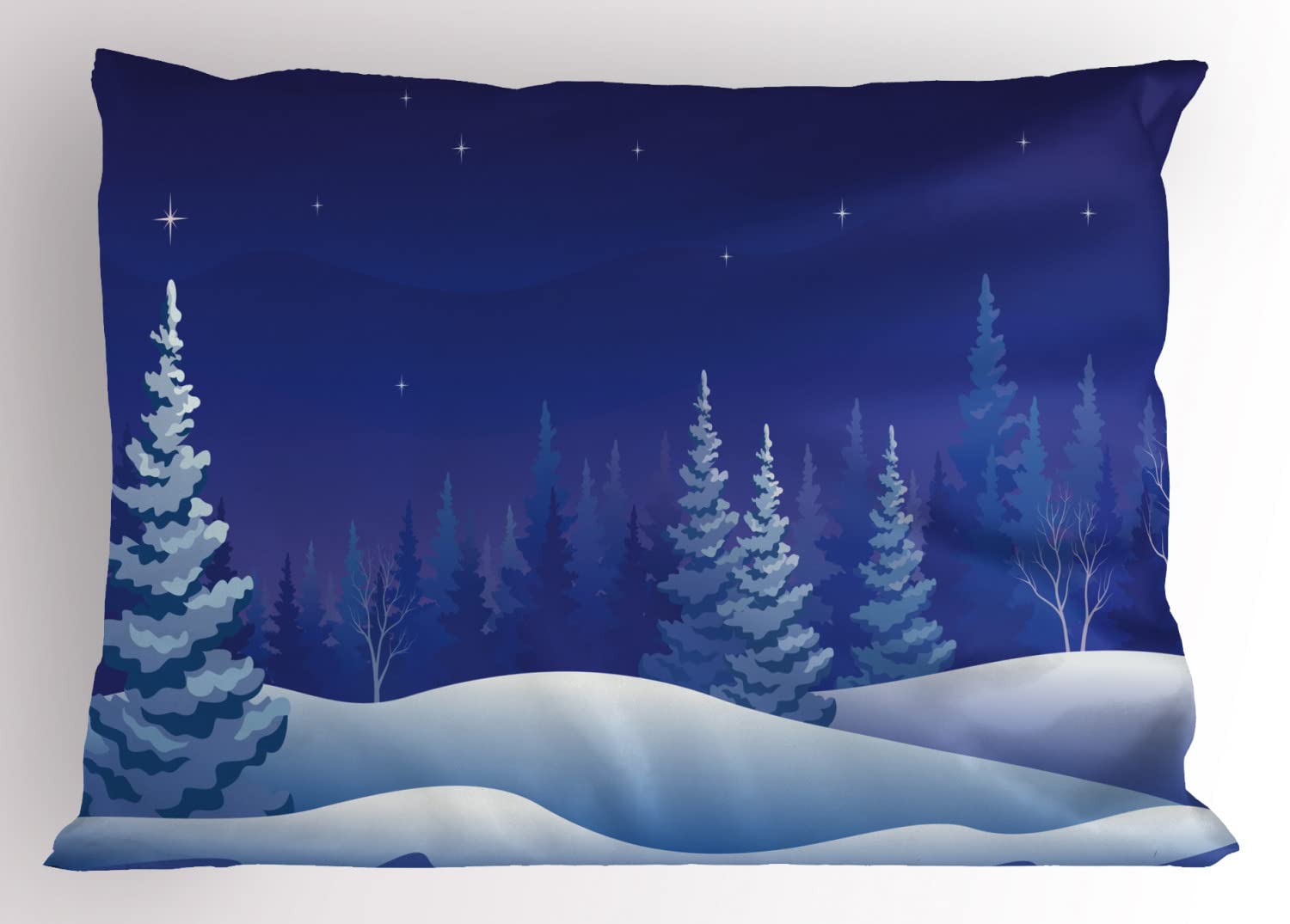 Lunarable Winter Scene Pillow Sham Set of 2, Dreamy Like Snowy Woodland Trees at Night Illustration, Quality Microfiber Bedding Item for All Seasons, 36