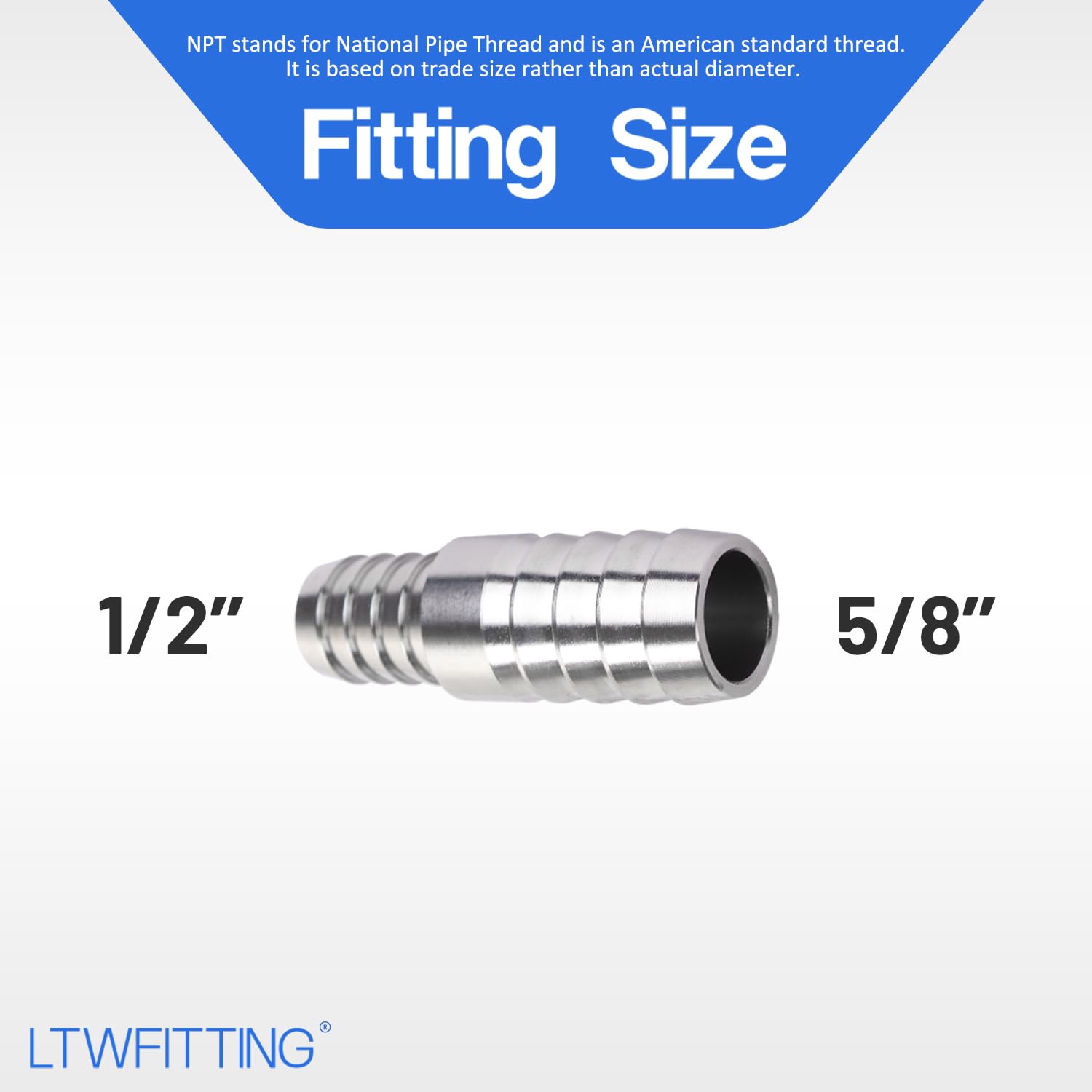 LTWFITTING Barre Production 5/8" tuyau ID x 1/2" tuyau ID Colleuse Barbillon Réparateur Raccord Réduire en Acier Inoxydable 316 de Tuyau (paquet de 25)