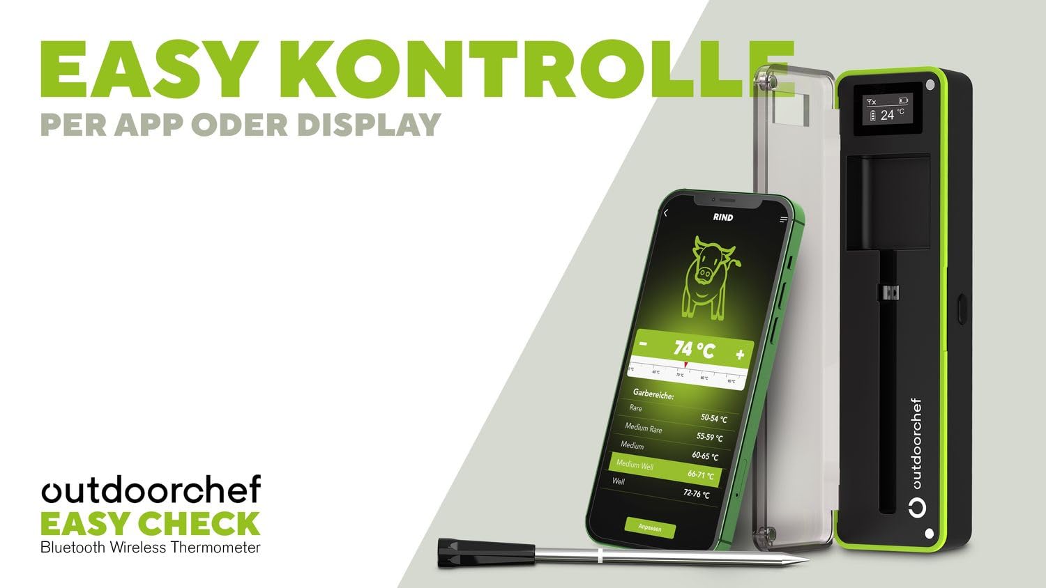 Outdoorchef Easy Check Single Bluetooth - Termometro per barbecue senza fili con app, 1 sonda, portata 200 m, lavabile in lavastoviglie, per barbecue, barbecue e affumicatore