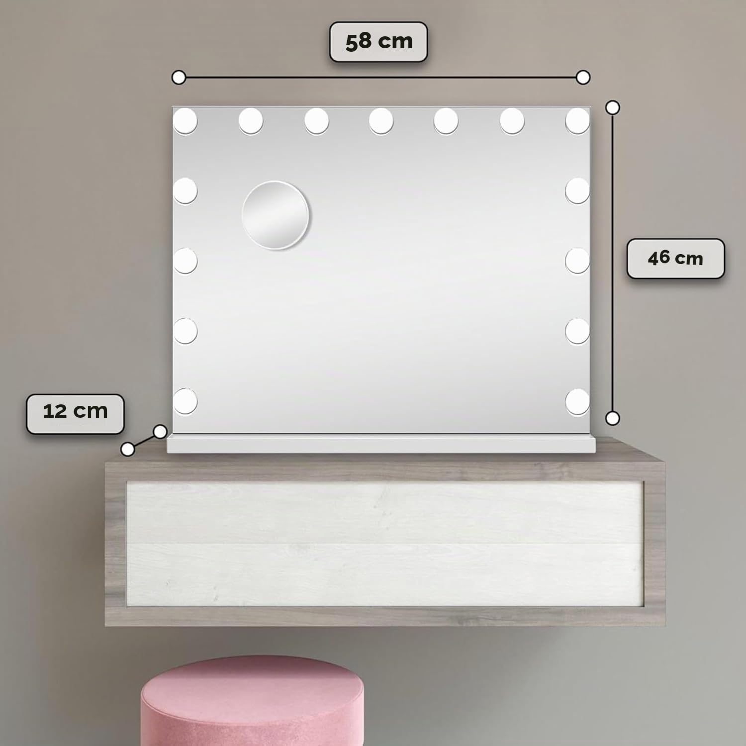 Bayt Miroir Coiffeuse Hollywood avec Bluetooth 58x46 cm – Miroir LED Maquillage Lumineux Connecté | Miroir Tactile Dimmable avec Miroir Grossissant 10x à Poser ou Mural pour Chambre et Salle de Bain