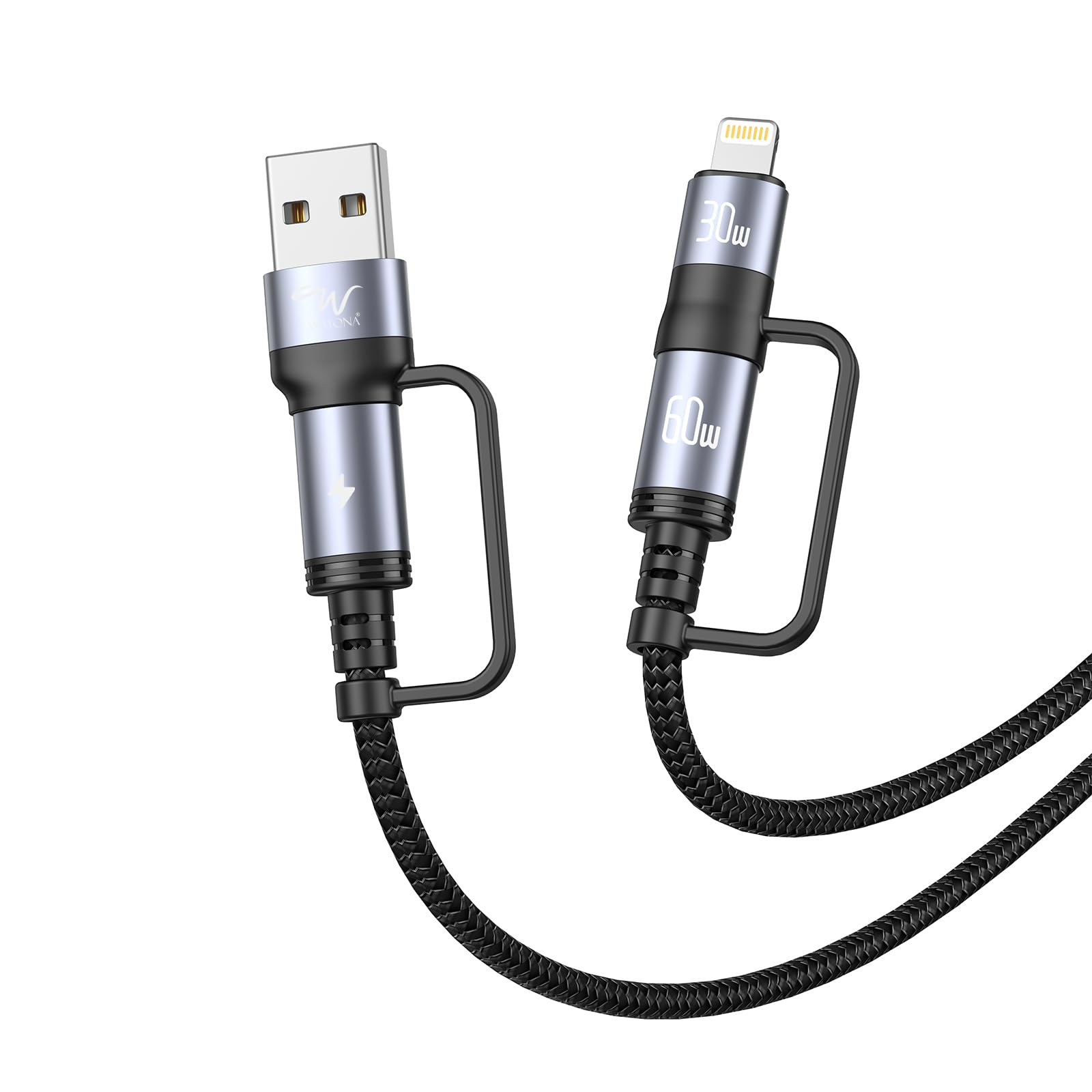 Wayona 4 in 1 Multi Charging Cable USB C to C, Type C to Lightning, USB A to C, USB A to Lightning – Fast Charging & Data Sync Cable Compatible with iPhone, Samsung, OnePlus & More (1.2M,Black)