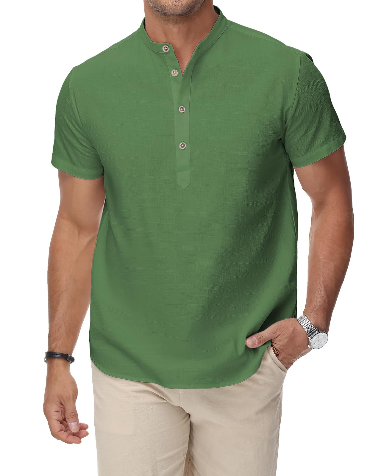 HMIYA Herren Sommerhemd Baumwolle Leinen Kurzarm Hemd Herren Henley-Kragen Lässiges Regular Fit Shirts