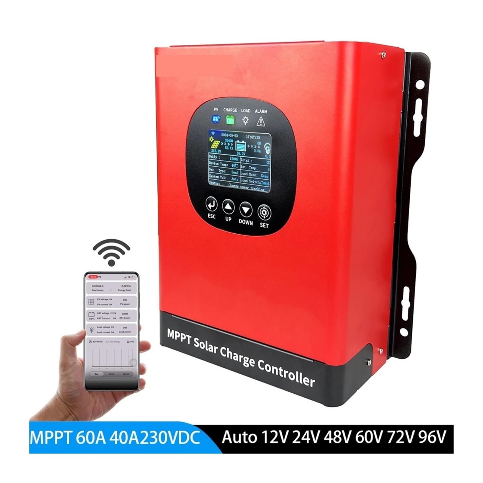 Kontroler ładowania słonecznego, 5760W 60A 50A 40A 80A Wbudowany WIFI MPPT Regulator Ładowania Słonecznego Maks. 230VDC Dla 12V 24V 48V 60V 72V 96V System Samochodowy(MPPT60A 230VDC)