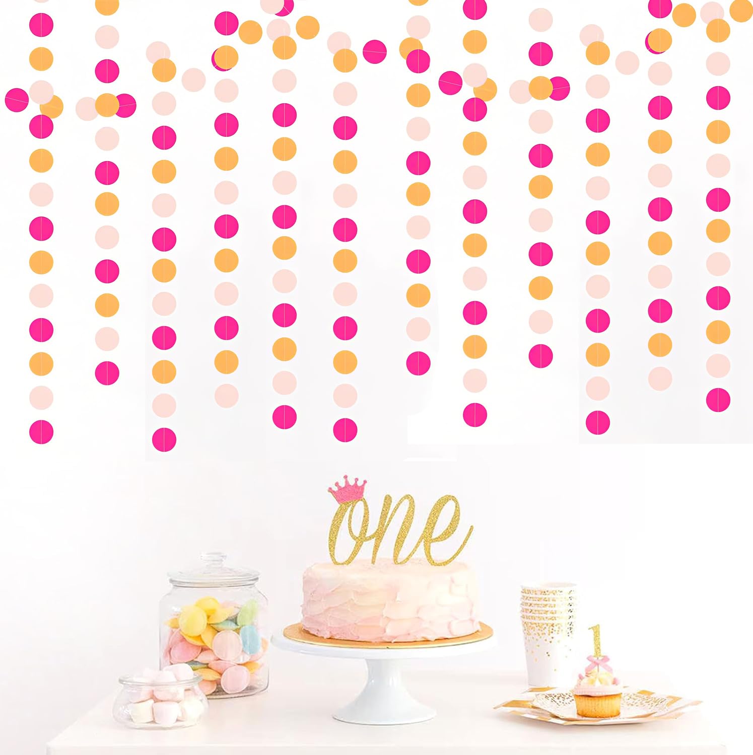 Rose red Pink and Orange Hanging Paper Garland,Circle Dots Paper Decoration for Party(52 Ft/4 Pack) - Image 3