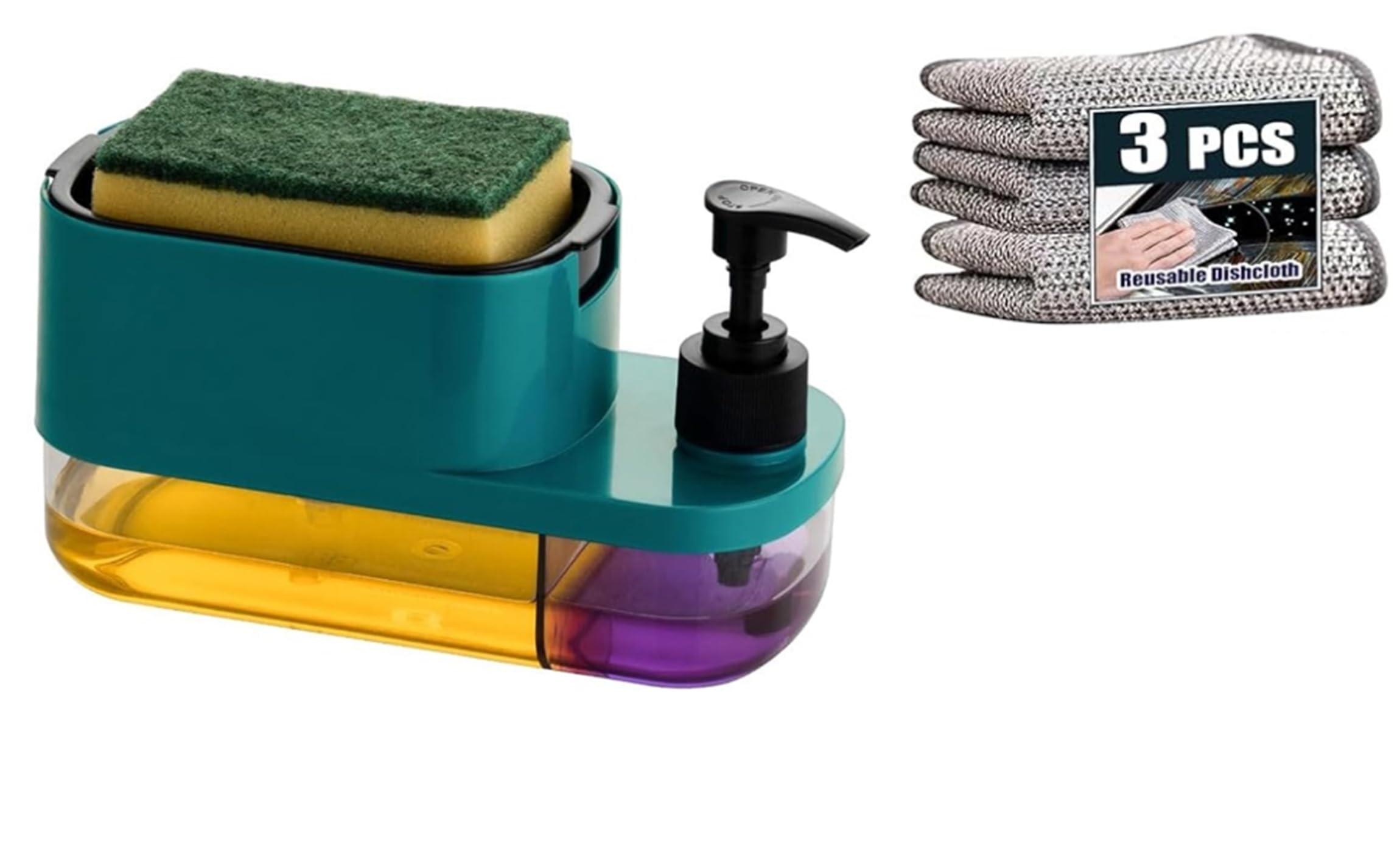 VIDRUTH 3-in-1 Soap Pump Dispenser for Kitchen and Bathroom with Sponge Holder & 3 Reusable Dish Cloths – Multi-Function Sink Caddy, Liquid Soap Dispenser, and Countertop Organizer (Blue)