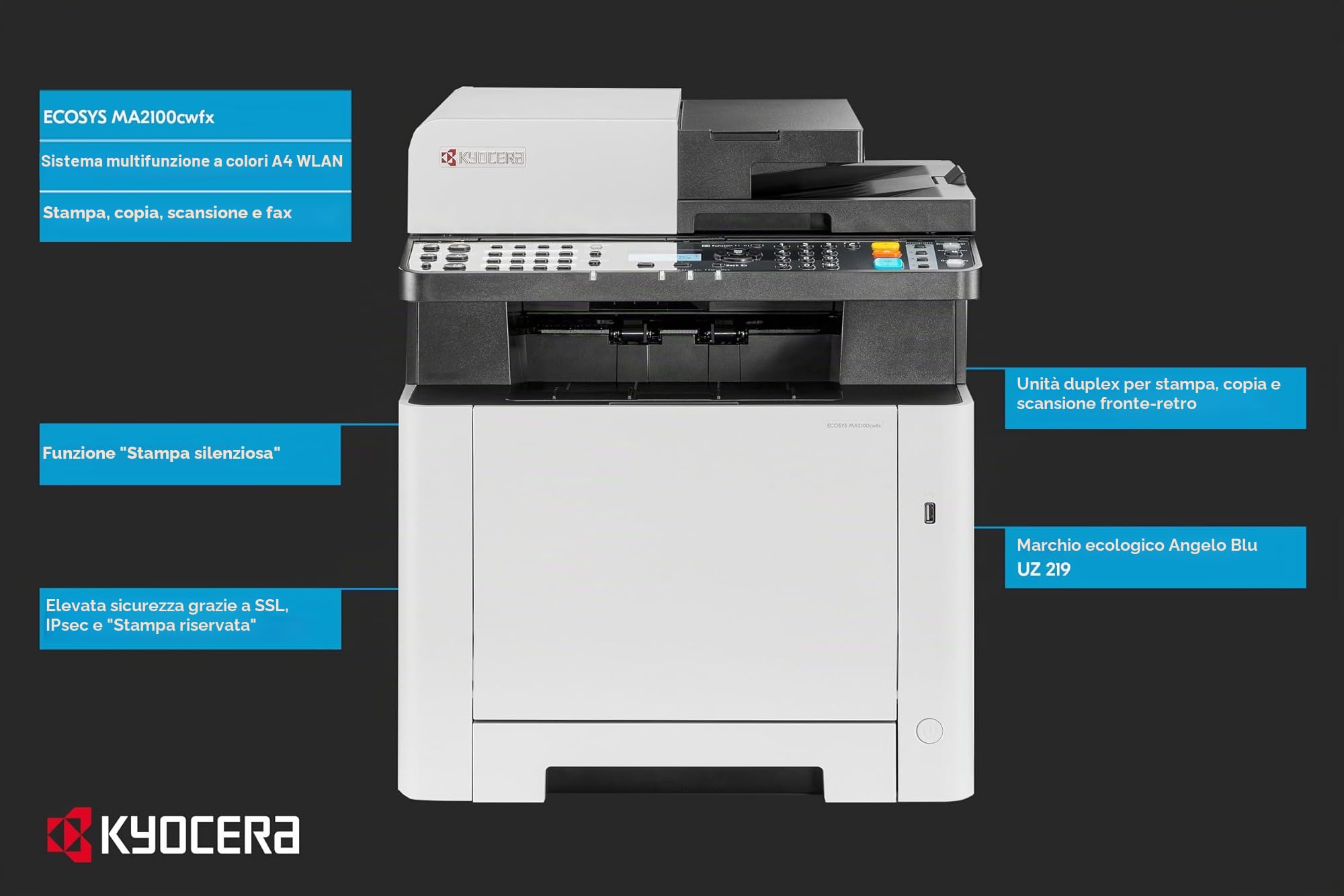 Kyocera Ecosys MA2100cwfx/Plus Stampante Laser a Colori Multifunzione WiFi Stampante Scanner Copiatrice Fax Duplex, USB 2.0 e Mobile Print, Include 3 Anni Full Service in Locale