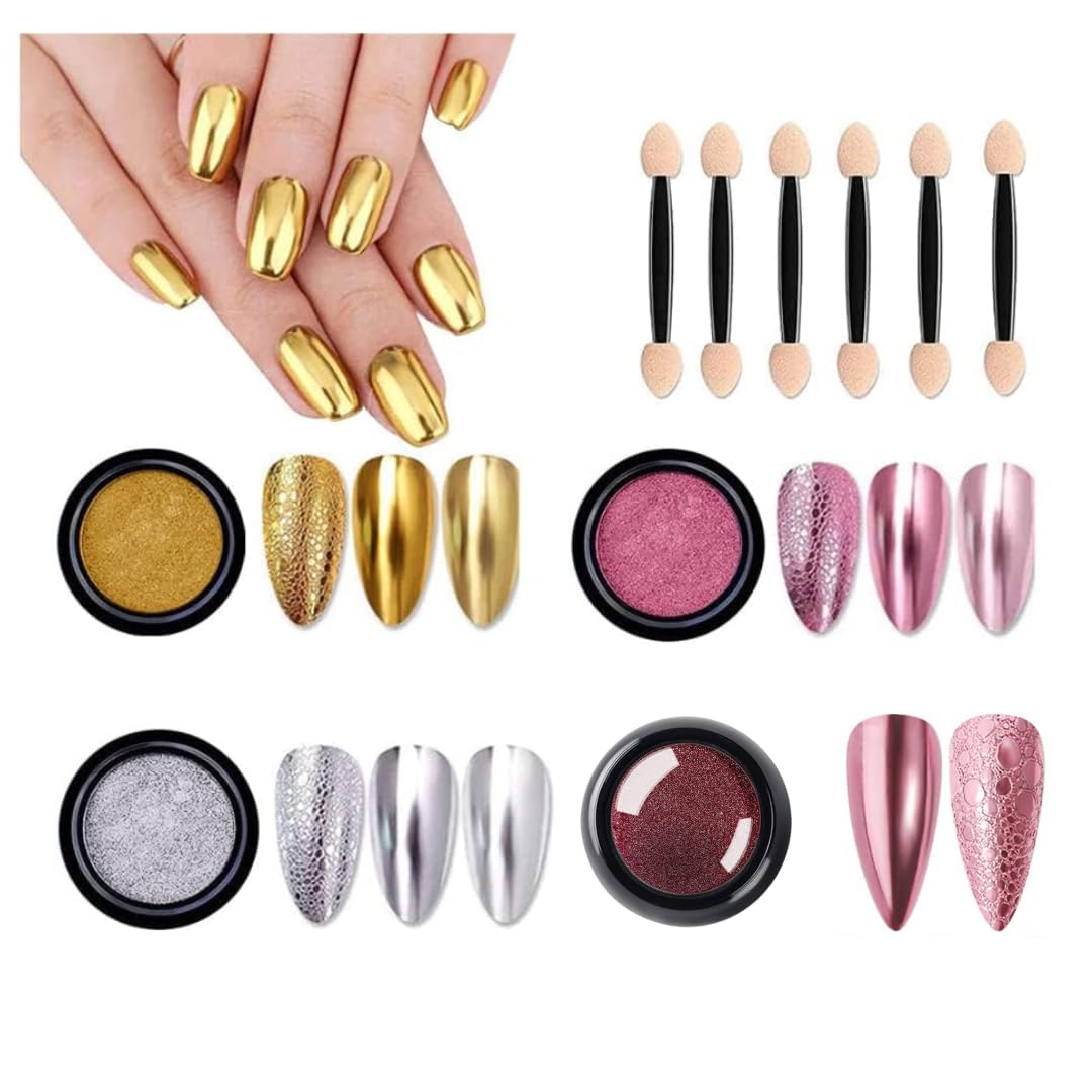 NAILWIND 4 Colors Chrome Nail Powder Set, Gold, Silver,Purple,Coper Reflective Glitter Metallic Mirror Effect for Nails Art Design 3D Holographic Nail Art Powder Nail Decoration-image-43