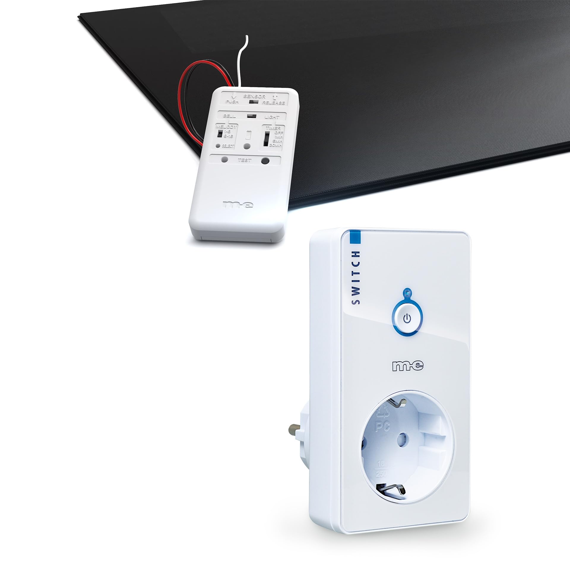 m-e Funk-Sensormatte Mobiles Sicherheits- & Komfort-System sowie Pflegehilfe für zu Hause (Funk-Sensormatte + Steckdosen-Schalter)