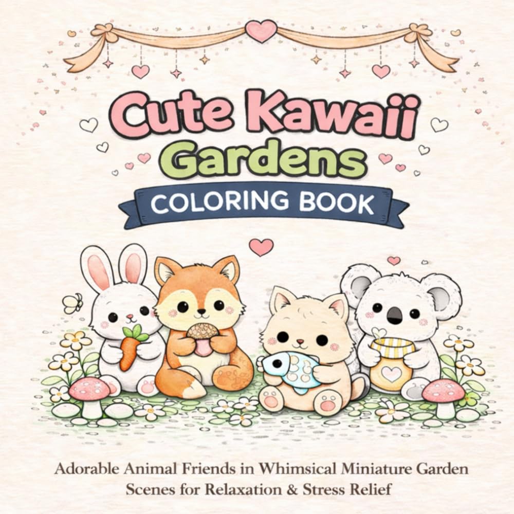 Cute Kawaii Gardens Coloring Book: Adorable Animal Friends in Whimsical Miniature Garden Scenes for Relaxation and Stress Relief