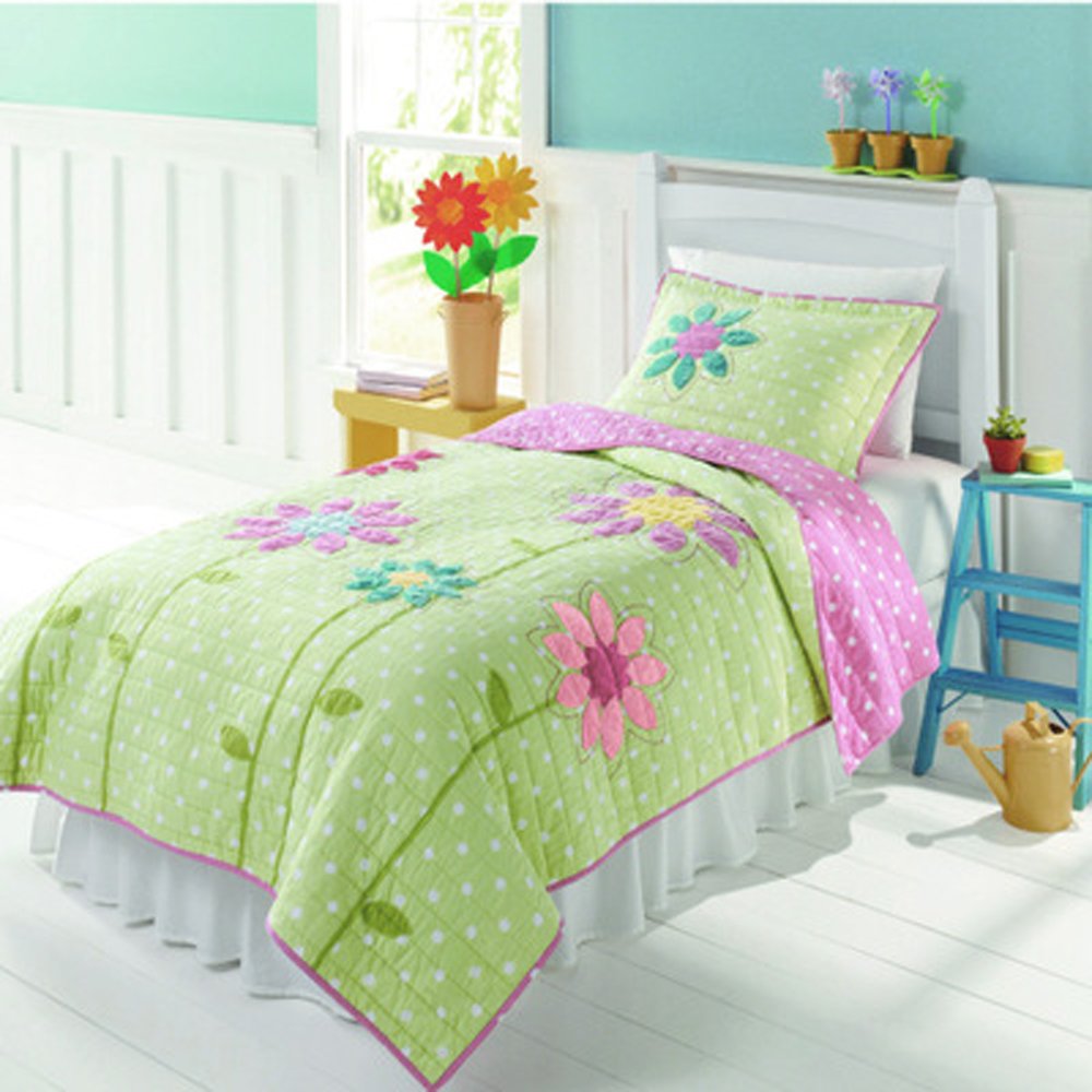 CribMATE 100% Cotton Embroidery Sunflower Quilted Bedspread Coverlet 1 PC Girls Pink Polk Dots/Green Floral Reversible Quilt Comforter (193 x 218 cm /80 x 86 inches)