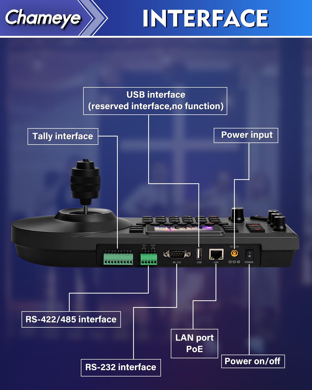 Chameye Controller per Telecamera PTZ NDI con Joystick 4D, Tastiera Controller PTZ IP PoE, Schermo LCD da 3 pollici per YouTube OBS vMix Live Streaming, fornito con licenza NDI (E300)