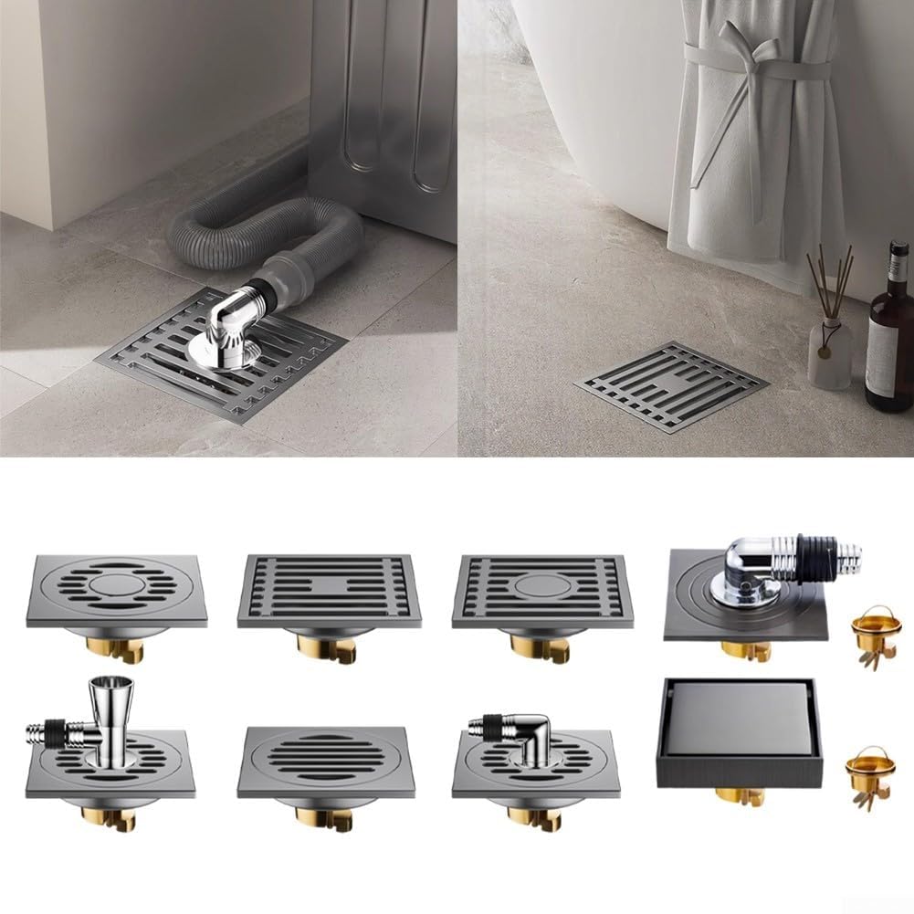 Scarico a pavimento in acciaio inox con anima in rame, controllo automatico e filtro detriti per doccia bagno, grigio, 10 x 10 cm (5)