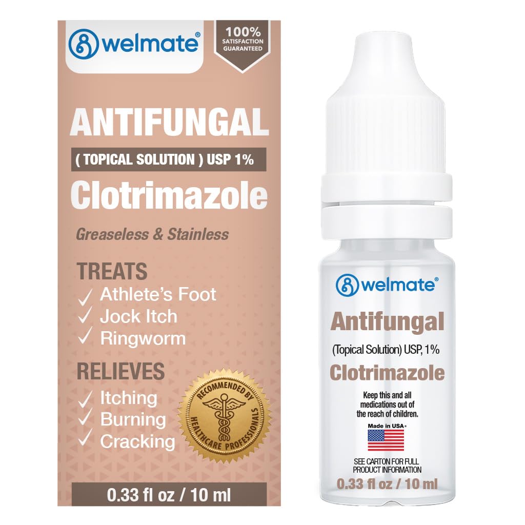 WELMATE Clotrimazole 1% Antifungal Topical Solution, 0.33 fl oz (10mL) – Athlete’s Foot, Jock Itch & Ringworm Treatment, Greaseless, Non-Staining, Fast Relief for Itchy, Cracked, Dry Skin