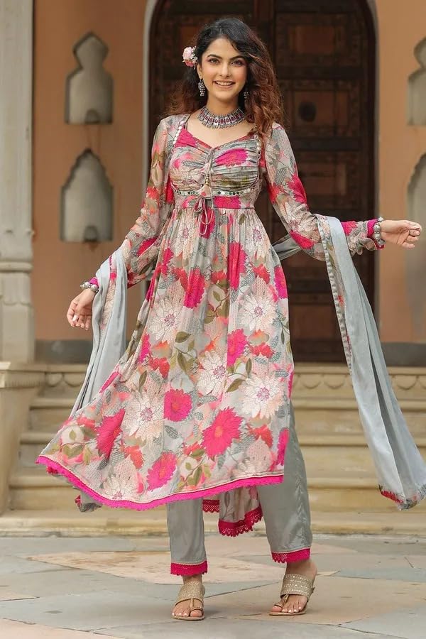 Image of KD Women's Anarkali Floral Printed Kurta Pant Set with Dupatta Anarkali Kurta for Women | Kurta Set | anarkali dress V-NACK kurtis set for women
