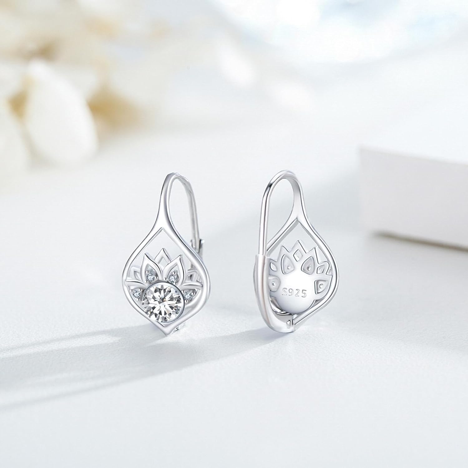 Lotus Earrings for Women 925 Sterling Silver Gemstone Lotus Flower Leverback Earrings Yoga Gemstone Jewelry Gifts for Women - Image 2