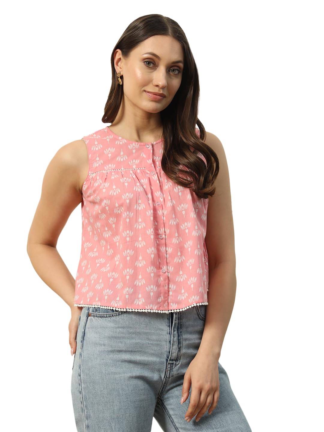 FIORRA Women’s Baby Floral Cotton Regular Fit Top With Lace Detail