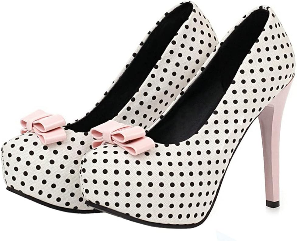 KOKOMOMO Womens Polka Dot High Heels Round Toe Platform Stiletto Pumps with Bows