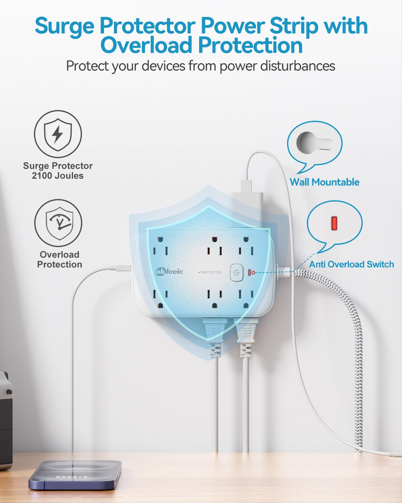 Tira de alimentación con USB, 2100J protector de sobretensiones cable de extensión de enchufe plano de 5 pies, 12 salidas y 6 USB (3 USB C) estación de carga, 3 extensores de salida laterales para