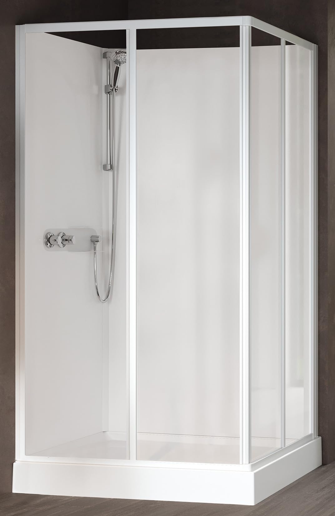 Novellini Media Glass A Standard 100 x 80 cm Cabina ducha multifunción apertura 2 puertas correderas montaje ángulo derecho izquierdo mezclador mecánico cristal transparente perfil blanco altura 210