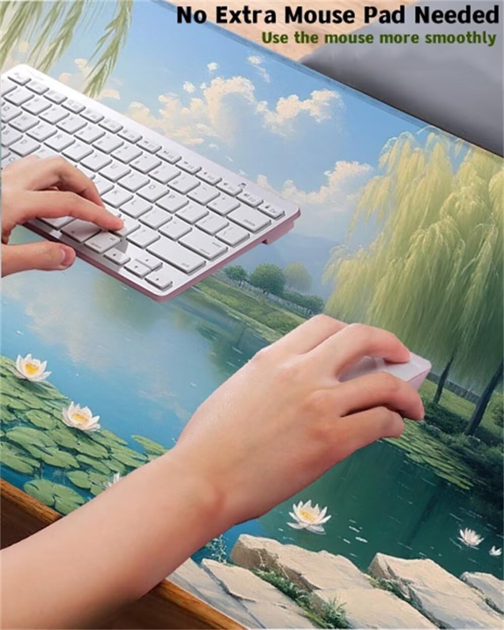 Podkładka pod mysz XXL 1400 x 600 x 3 mm, wodoodporna podkładka pod mysz z myszką jeziora, podkładka pod mysz wierzbową z antypoślizgową podstawą, mata biurowa z przeszytymi krawędziami, dekoracja do