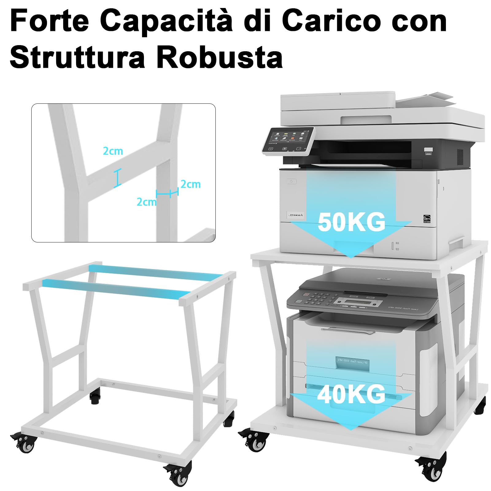 PUNCIA Supporto per Stampante a 2 Livelli Mobile Comodini 50x50x60CM Carrello Porta Tavolino di Stoccaggio con Ruote Scaffale Porta Stampante Sotto Scrivania in Legno per Ufficio e Casa (Bianco)