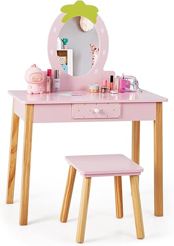 HONEY JOY Vanity - Juego de tocador de maquillaje de princesa con temática de fresa para niñas pequeñas, espejo ovalado real, juego de tocador y