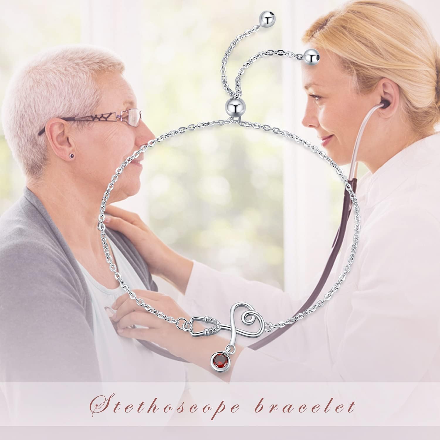 Palpitate Nurse Bracelet 925 Sterling Silver Women Birthstone Stethoscope Jewelry Nurse Gift to NR Nursing Graduation Birthday Adjustable Chain - Image 2