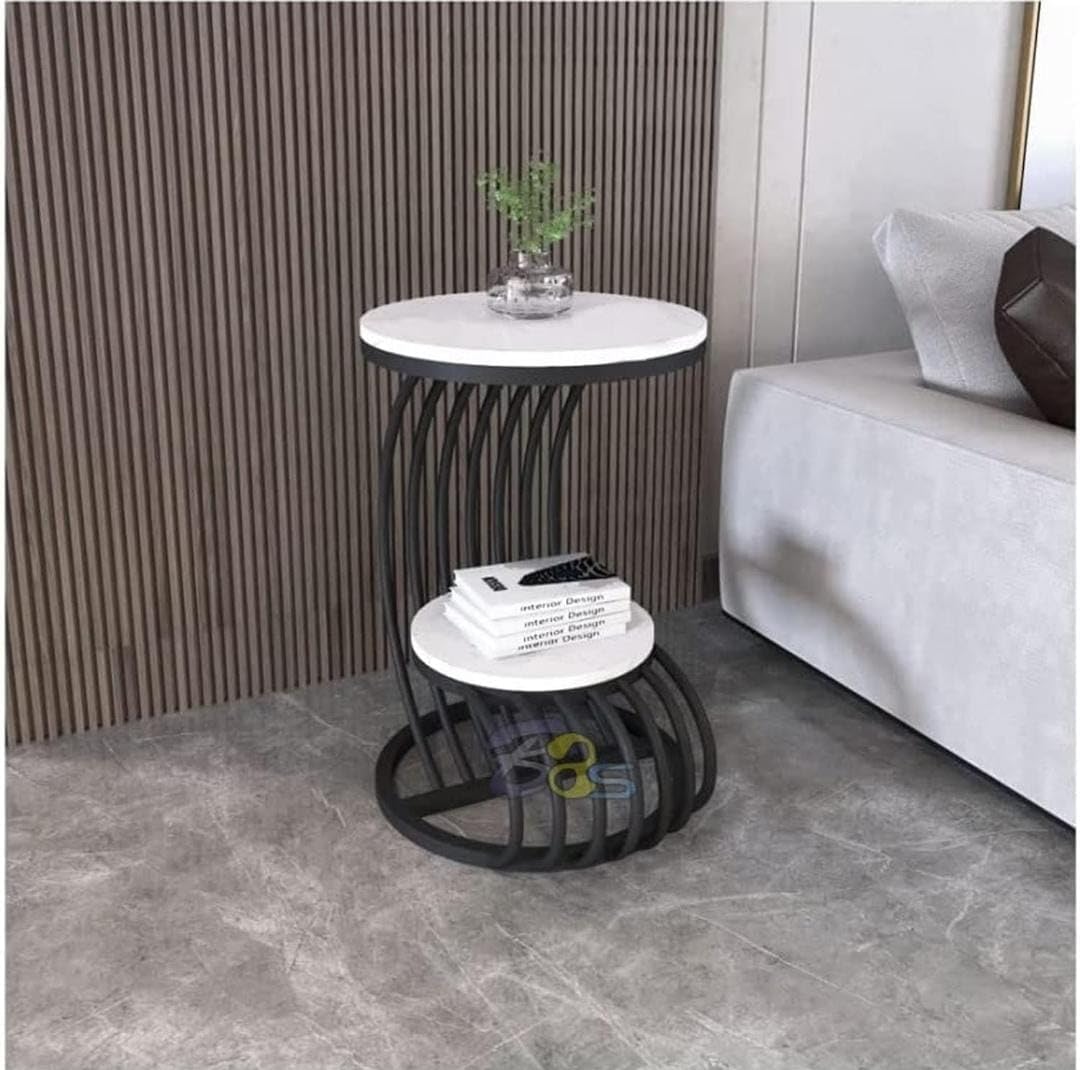 Furniture Cafe Modern Round Accent Table | Compact Side Coffee Table with Engineered Wood Top & Metal Frame | Bedside & Sofa Table for Living Room (White & Black)-image-10