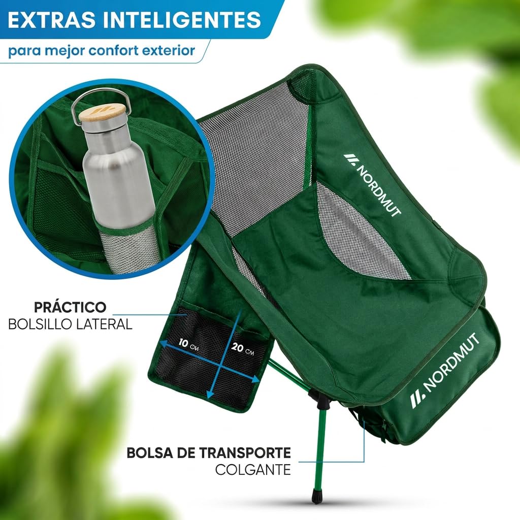NORDMUT® Silla de Camping compacta y Ultraligera – pequeña con Capacidad de 150 kg – Silla Plegable de Aluminio Ligera para Camping, Outdoor y Festivales (2, Verde)
