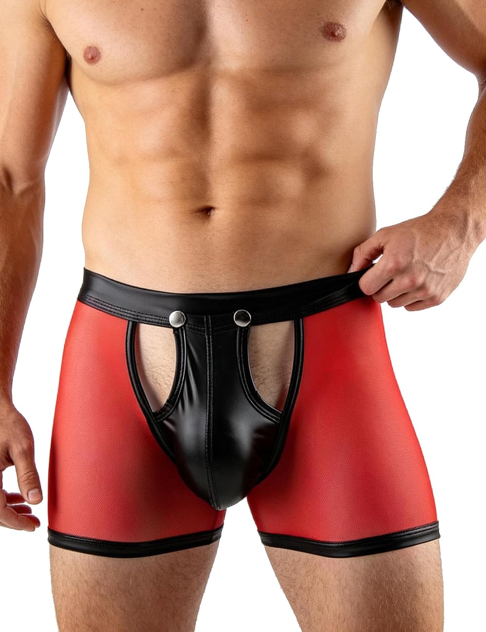 ohmydear Sexy Boxershorts Herren mit Druckknöpfe Leder Unterwäsche für Mann Kunstleder Boxerbriefs Erotisch Herren-Reizwäsche Männer Slip Große Größen Sissy Dessous