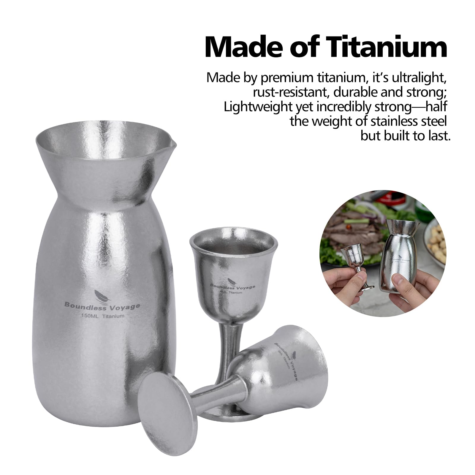 iBasingo Titanium Sake Set 150ml Flask with 2 Cups, Unbreakable Lightweight Wine Jar for Camping Hiking - Image 4