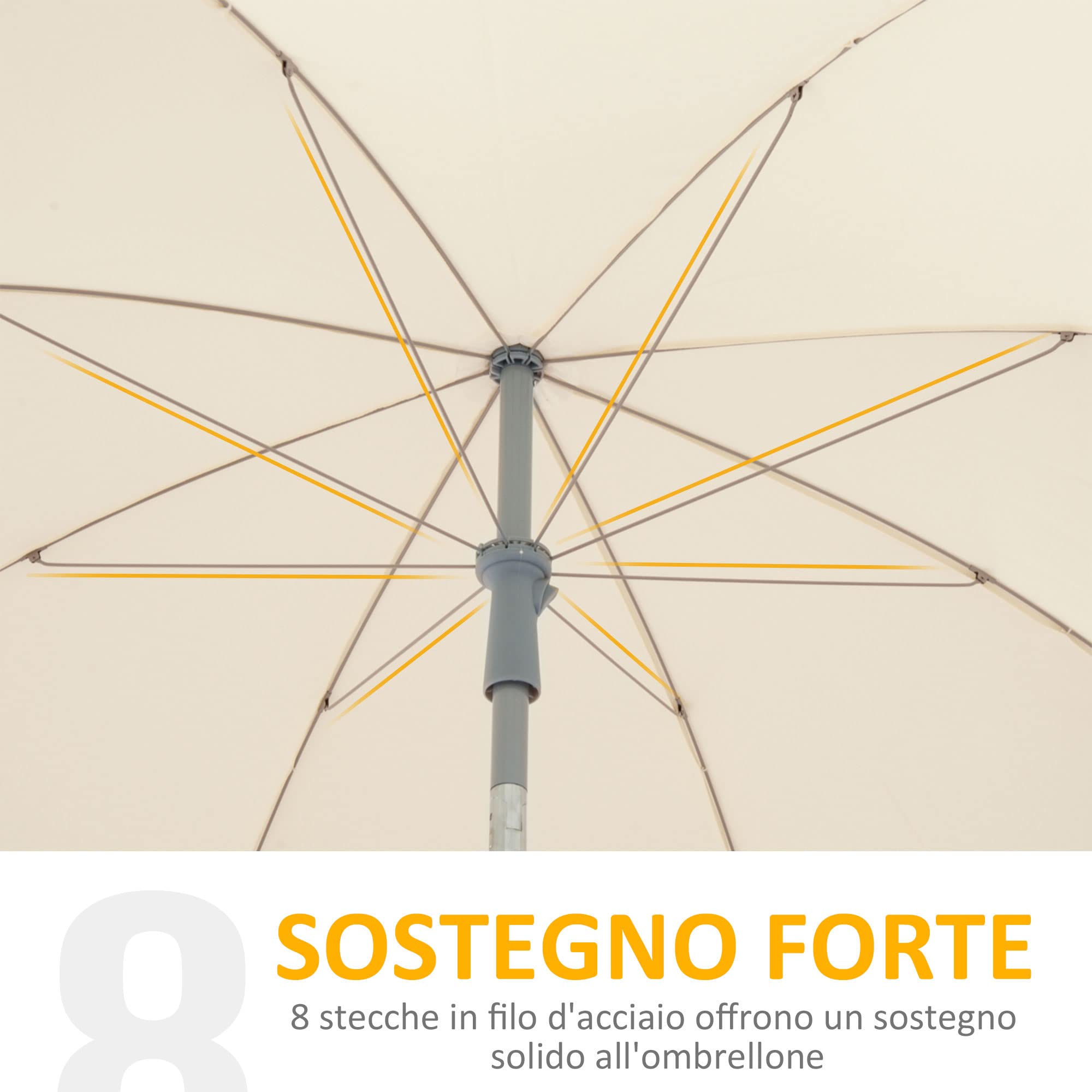 Outsunny Ombrellone da Spiaggia Ø2x2.3 m con Tettuccio Inclinabile, Ombrellone da Mare con 8 Stecche in Metallo e Poliestere, Bianco Crema