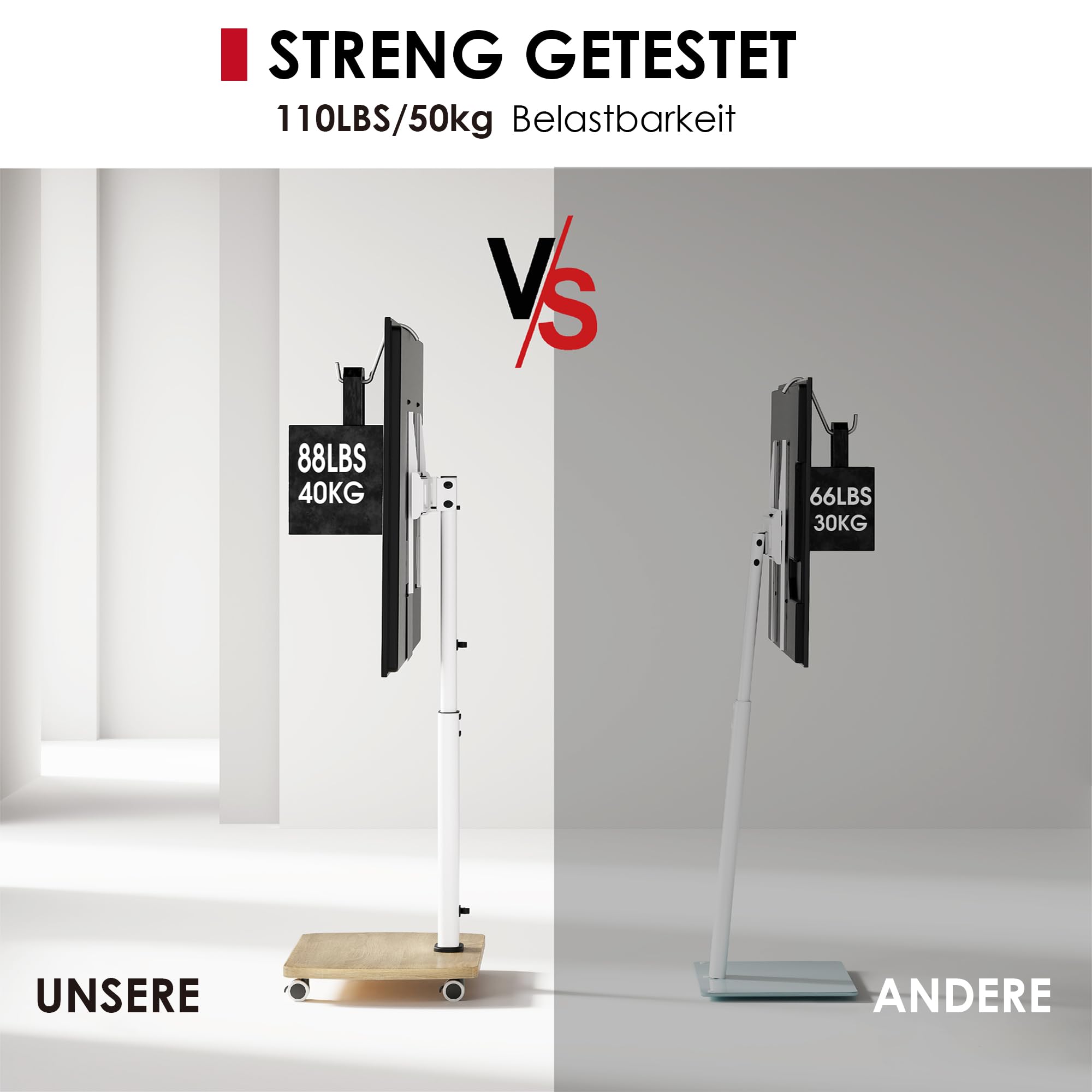 AOKCOS TV Ständer Rollbar mit Holzablage, Fernsehständer auf Rollen für 32-65 Zoll, Höhenverstellbar Schwenkbar, bis 40 kg, VESA 400x400mm (Weiß+Natur)