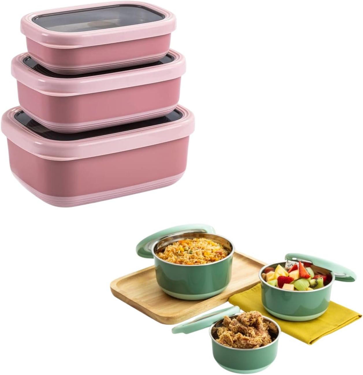 Lille Home Leakproof Stainless Steel Food Container Set, 3-Piece Nesting Bento Boxes with Silicone Lids – Square 47oz + 30oz + 16oz/Round 41oz + 25oz + 14oz