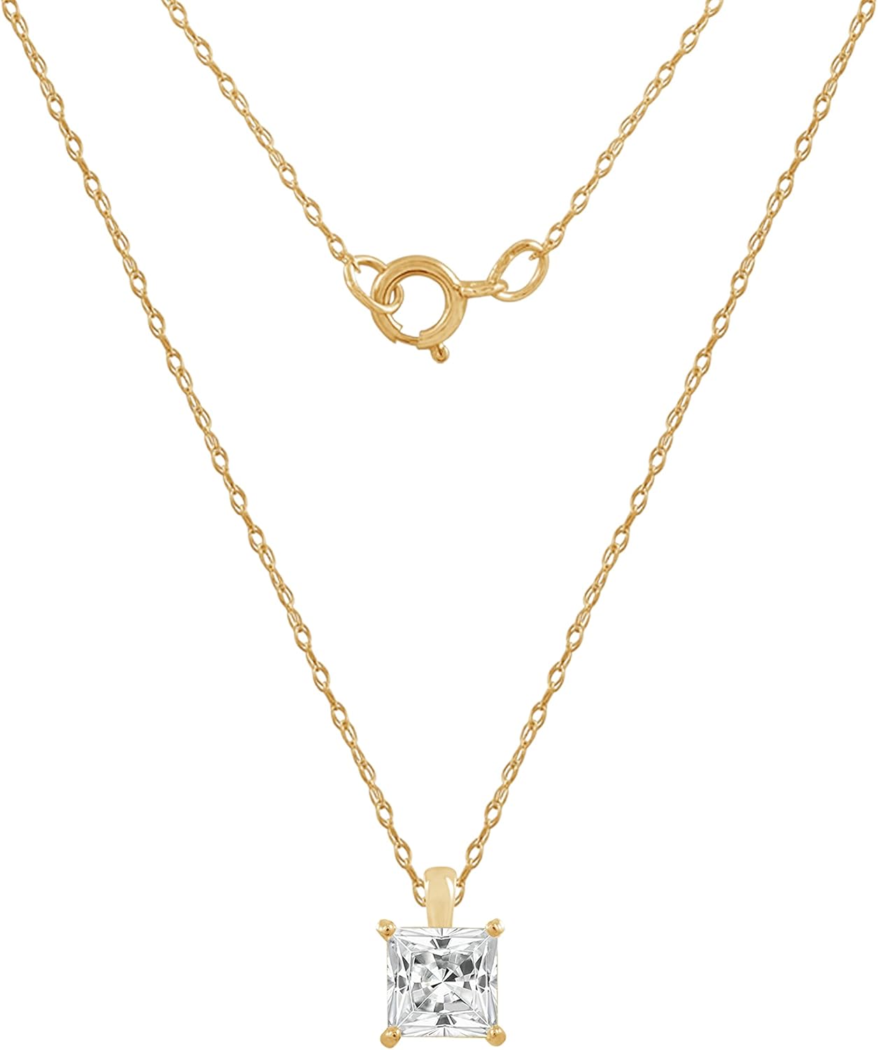 DIAMONBLISS 10K or 14K Real Solid Gold Princess cut Solitaire Necklace for Women