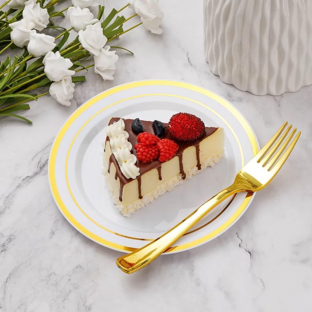 Goodluck 120PCS 7" Gold Dessert Plastic Plates with 7.4" Forks, Gold Appetizer Plates for 60 Guests, Including 60 Disposable Cake Plastic Plates and 60 Forks for Wedding/Birthday/Christmas Party