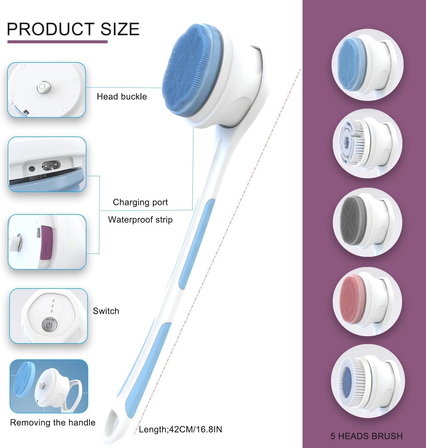Electric Body Brush,5 Attachments Brush Heads Electric SPA Spin Scrubber for Shower Bathing Cleansing Wash Deep Cleaning with Silicone Rechargeable IPX7 Waterproof - Image 4