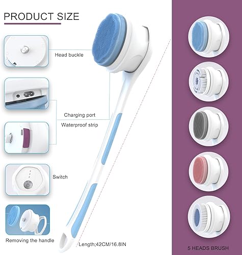 Miniatura 4 de Cepillo de cuerpo eléctrico, 5 cabezales de cepillo eléctrico para spa, cepillo giratorio para ducha, baño, limpieza, lavado de limpieza profunda