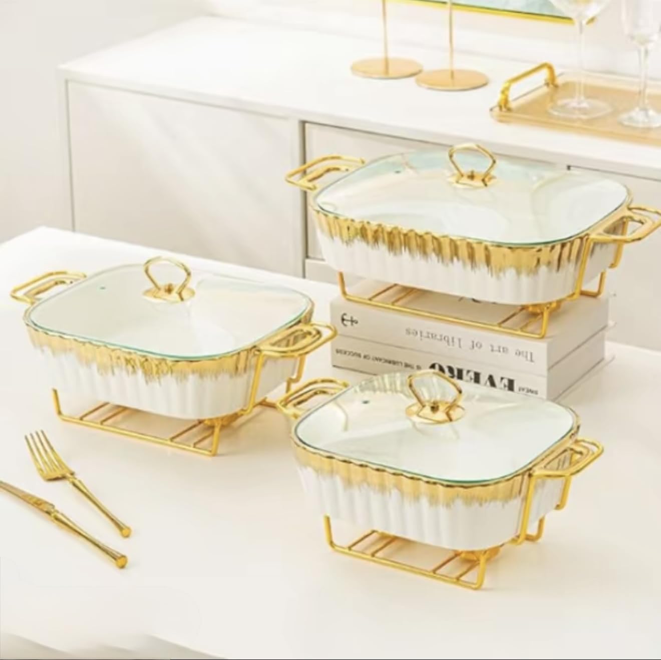Ceramic 3-piece Serving Dish Set with Glass lids and Warmer Stand (Gold/White)