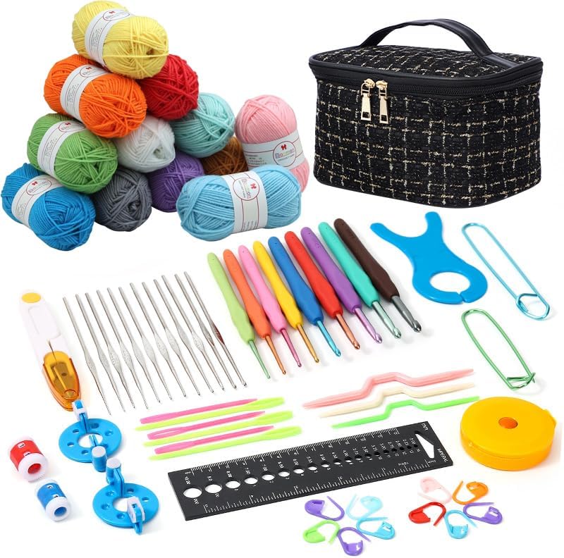 75 Pcs Crochet Kit for Beginners, Crochet Yarn, Knitting Kit with 12 Yarn Balls Crochet Hooks Stitch Marker Storage Bag Knitting Accessories, Crochet Kits for Starter Adults Kids