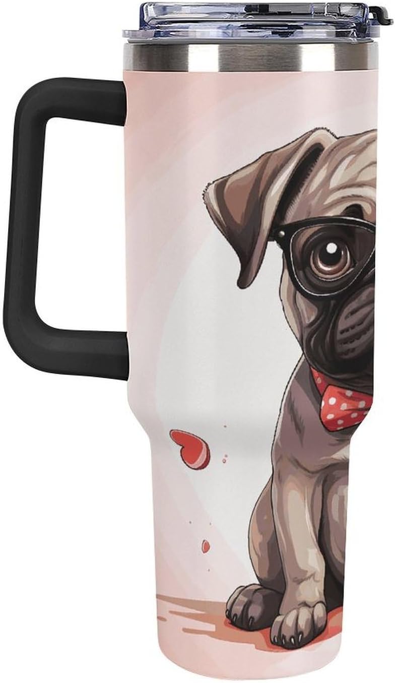 40 Oz Insulated Mug with Handle, Stainless Steel Cute Pug Puppy Printed Travel Mug Portable Leak-proof Large Car Mug for Home, Office Or Car