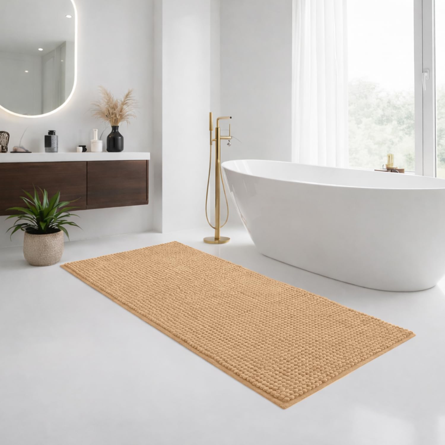 Imperial Rooms Bath Mat Non Slip Anti Mould – 60 x 90 cm Beige Chenille Shower Mat Machine Washable Bathroom Mat Super Absorbent Extra Soft Fluffy Bath Mats — image 1