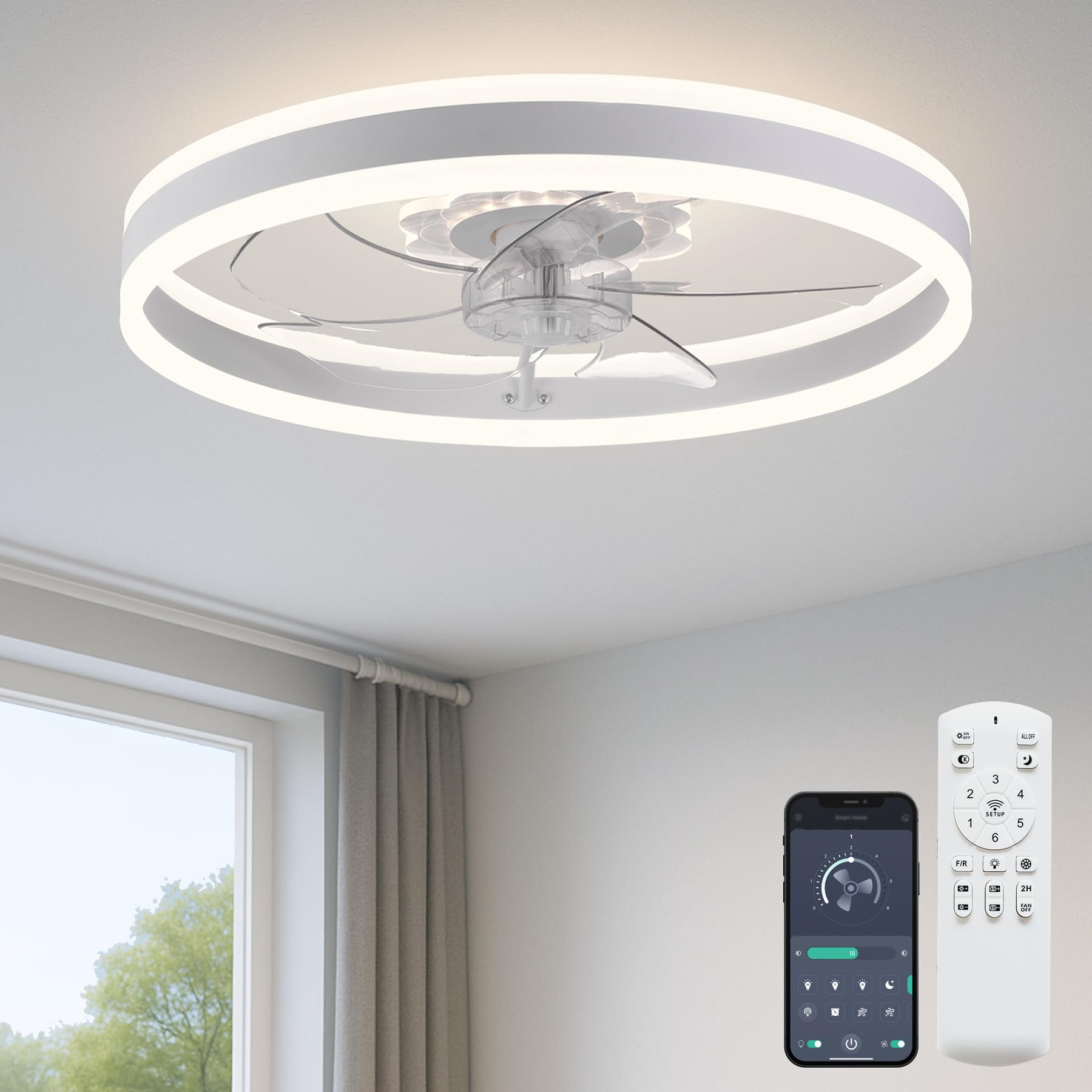 Sponsored Ad - Ceiling Fan with Light, Upgraded 20‘’ Low Profile Fan, Flush Mount Ceiling Fan, 6 Speeds, Dimmable LED, App & Remote Control, Quiet DC Motor, for Bedroom, Living Room, F105 White