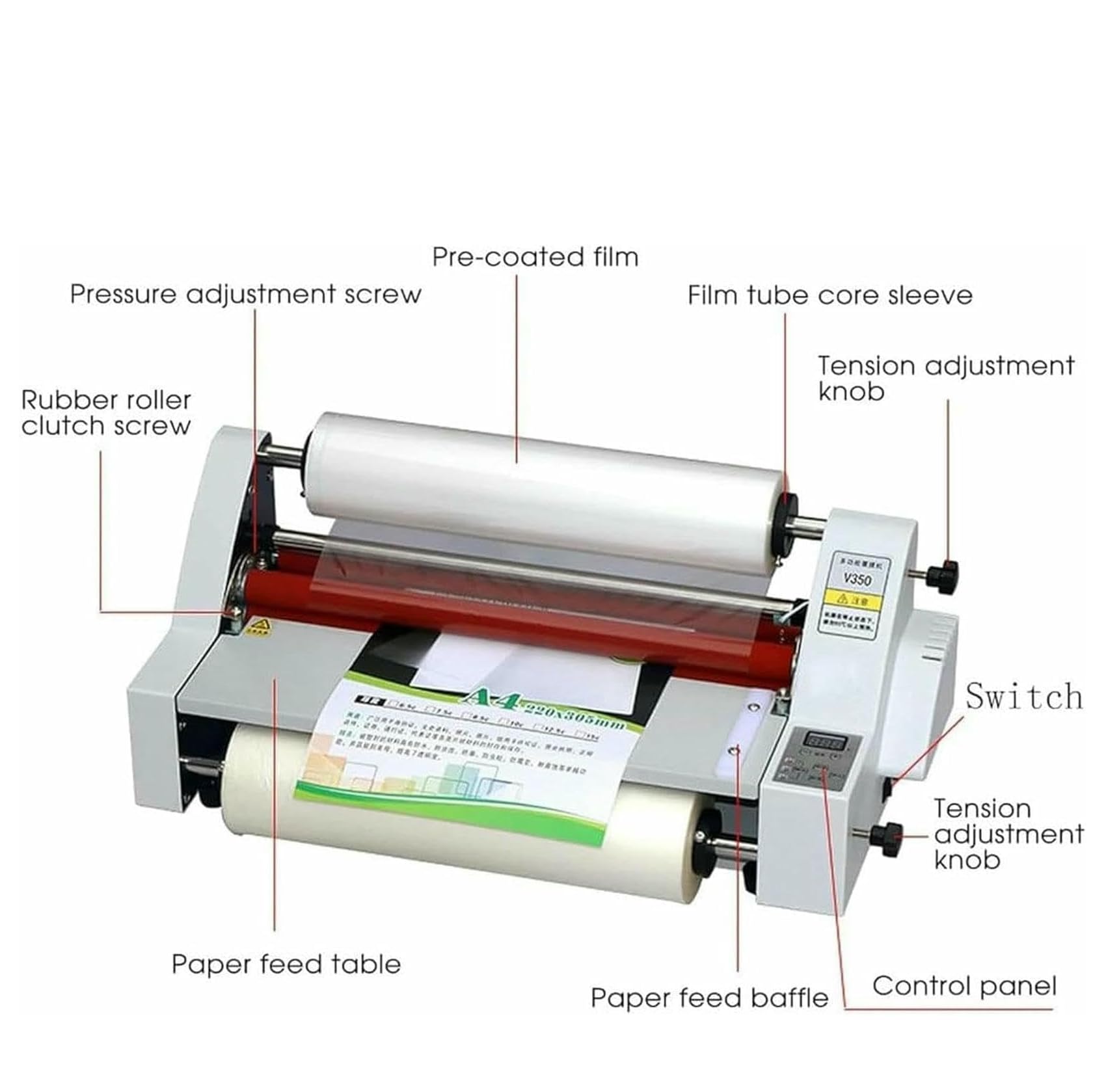 Macchina Laminatrice Doppia A4 con 2 Rulli di Pellicola, Fogli Laminanti Termici a Caldo e a Freddo Larghezza 220mm, Velocità Regolabile 0,3~3M/min, 0~180°C, Spessore 0,1~5Mm per Ufficio e Scuola