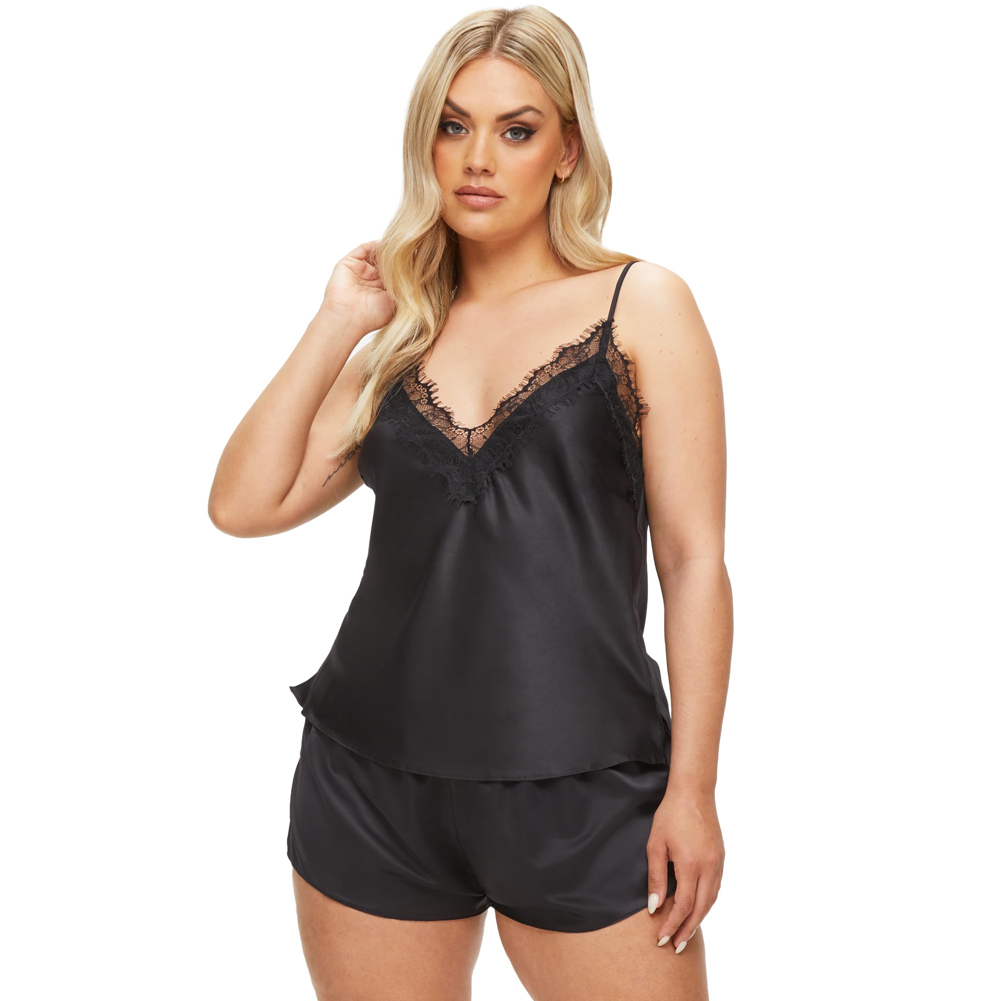 Cerise Satin Cami Set (2-Piece). Satin Lingerie with Adjustable Straps & Plunge Neckline, Women's Pyjama Set - Genuine Nightwear for Women