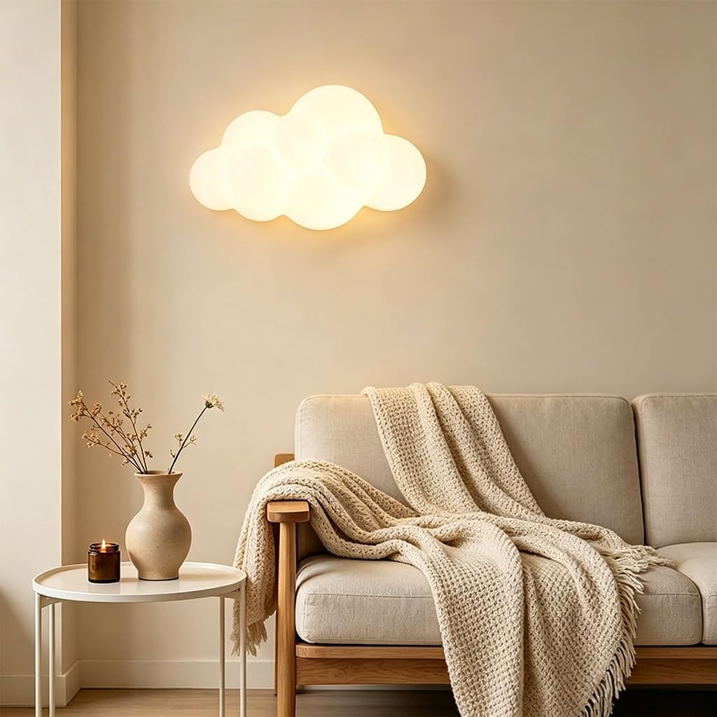 LED Wandleuchte Für Das Bett 3D Wolken Wandlampe Kinderzimmer Mit Cremeweißem PE Schirm 3 Stufig Einstellbare Lichtfarbe Geeignet Für Schlafzimmer Wohnzimmer Babyzimmer Flur Deckenmontage(groß)