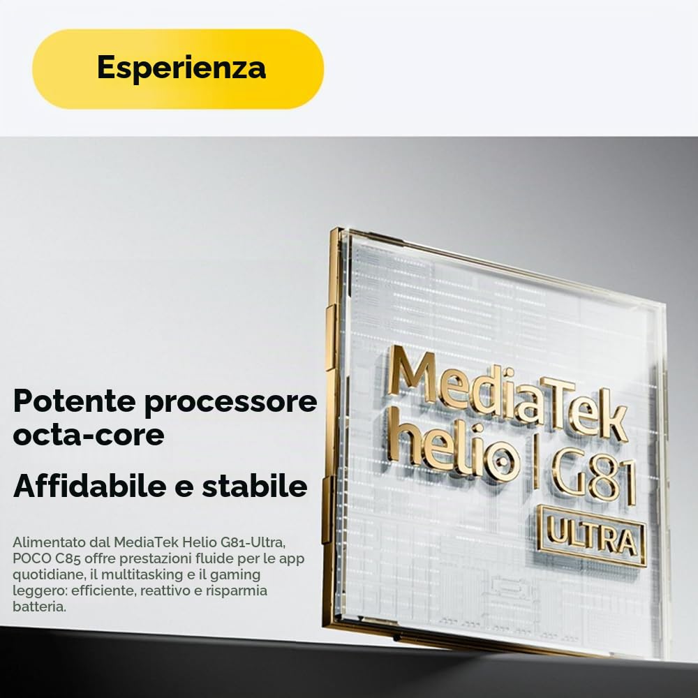 XIAOMI POCO C85 4G smartphone, 8GB+256GB, 6.9", verde, fotocamera doppia AI 50MP, MediaTek Helio G81-Ultra, ricarica rapida 33W, 6000mAh, con caricatore, non supporta NFC
