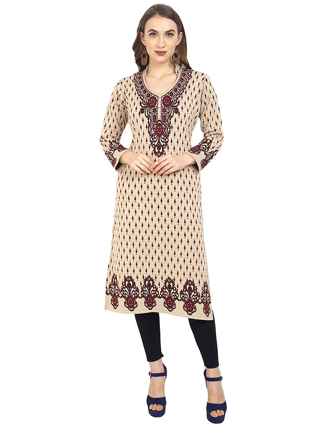 Rosary Women's Winter Wear Jacquard Woolen Straight Kurti with 2 Side Pockets,1PCS-JACQ-RY05