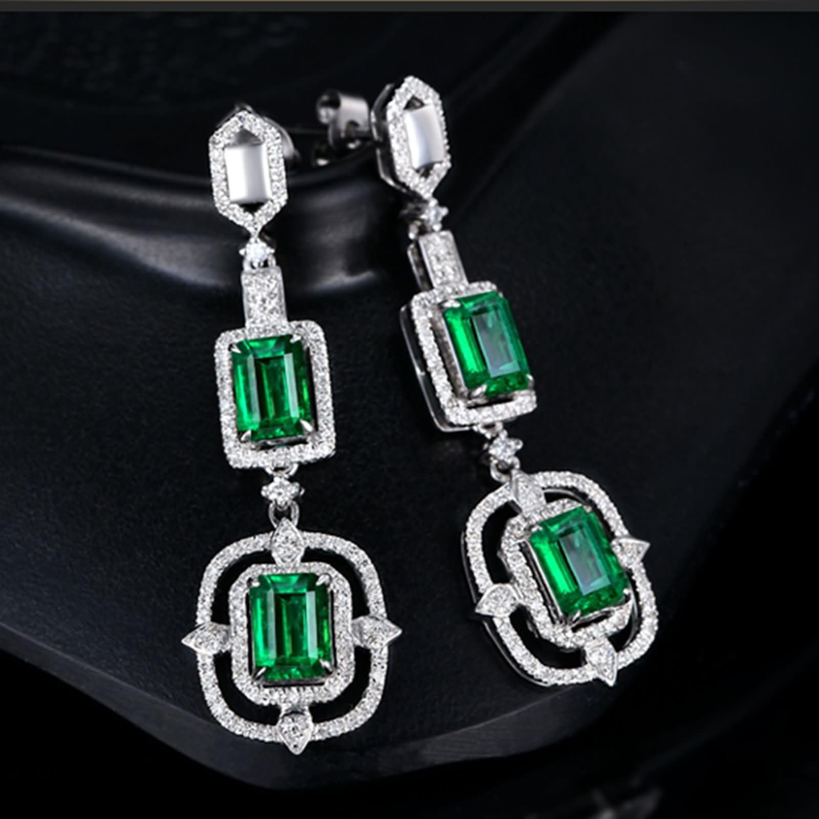 Damen Ohrringe Weißgold 9K / 14K / 18 Karat, Rechteck mit Smaragd 2,6 Karat und Diamant, Damen Hochzeit Ohrringe Silber Grün