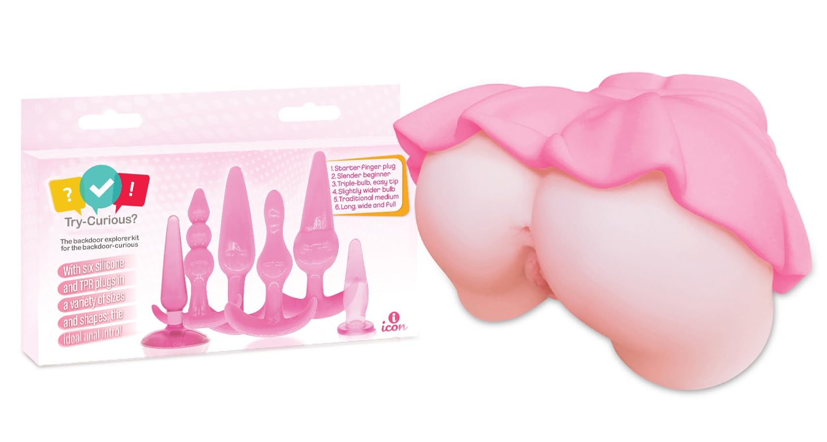Amazon.com: Sex Toy Couples kit of Try-Curious Anal Plug 6 Piece Kit Pink  and Icon Brands Co-EDS in Disgrace Skirt Ass & Pussy Masturbator : Health &  Household